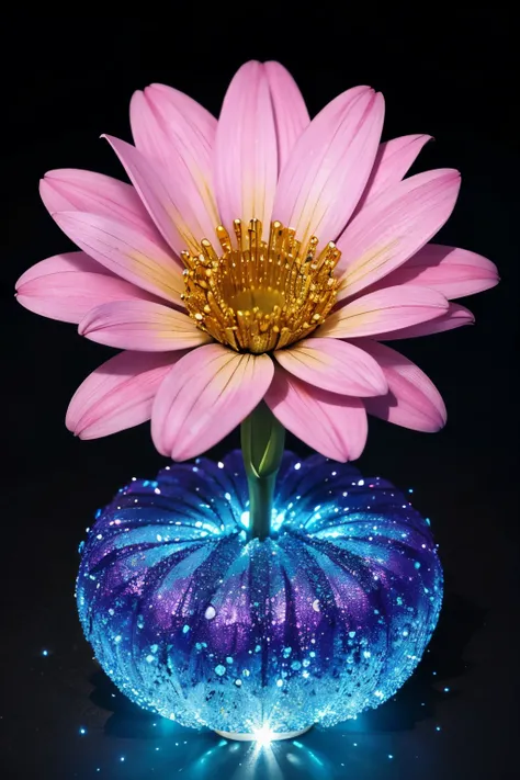 best quality, 32k, RAW photo, incredibly absurdres, extremely detailed, image of a flower made by finely crushing and stacking (shining metals plated AND shining colorful gems:1.4), that bloom like an explosion are absolutely beautiful, crazy blooming