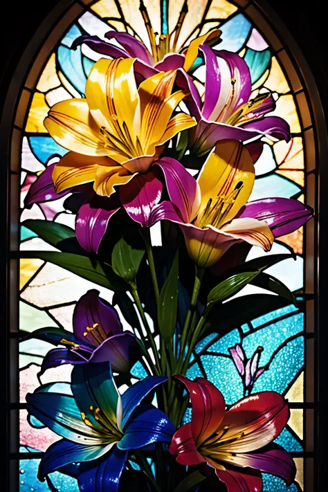 best quality, 32k, RAW photo, incredibly absurdres, extremely detailed, stained glass-like lilies image made of finely crushed (shining metals plated AND shining colorful gems:1.4), that bloom like an explosion are absolutely beautiful, crazy blooming