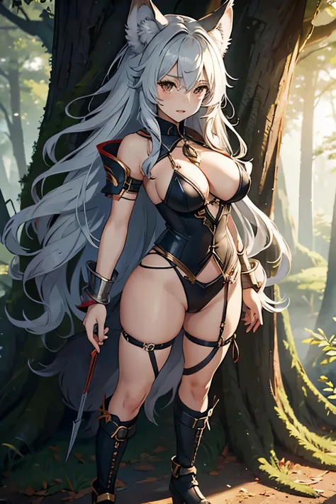 1 girl, female wolf, long curly silver hair, wolf ears, brown eyes, thin lips with small fangs, round face, huge breasts, hairy, white skin, wearing wild warrior outfit, forest setting, full body attack pose