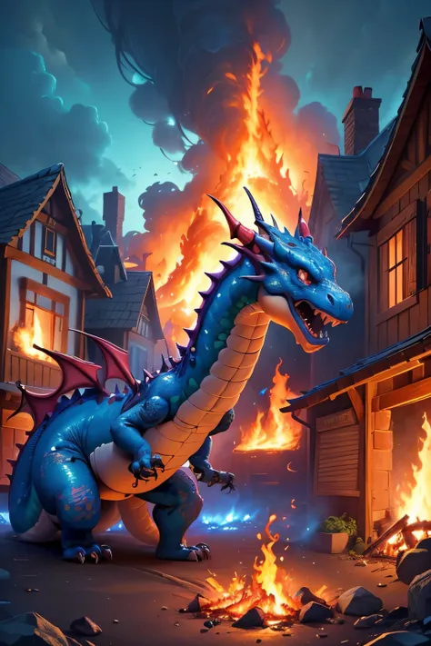 ((best quality)), ((masterpiece)), (detailed), perfect face, a dragon fire on village, people running for save there life, house...