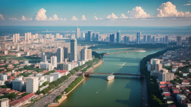 An anime-style aerial view of Bangkok, with a focus on the glittering Wat Arun temple at the heart of the city.
The intricate details of the temples architecture are highlighted in gold, standing majestically along the riverbank.
The surrounding cityscape ...