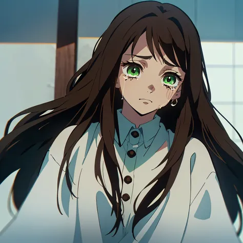 (Best quality:1.2), (a woman:1.3), (green eyes:1.1), (brown long straight hair:1.4), (tears:1.2), (crying:1.3), (details:1.5) In the style of Kimetsu no Yaiba, anime, a girl with long brown hair and dull green eyes cries inconsolably. Tears stream from her...