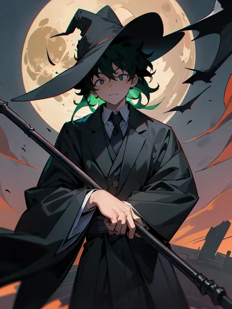 best quality, 4K wallpaper, masterpiece, extremely detailed CG unity 8k wallpaper, extremely detailed eyes, ultra-detailed, intricate details, jppop art style, japanese style, Izuku Midoriya as the Grim Reaper dressed in plague doctors clothes wielding a s...