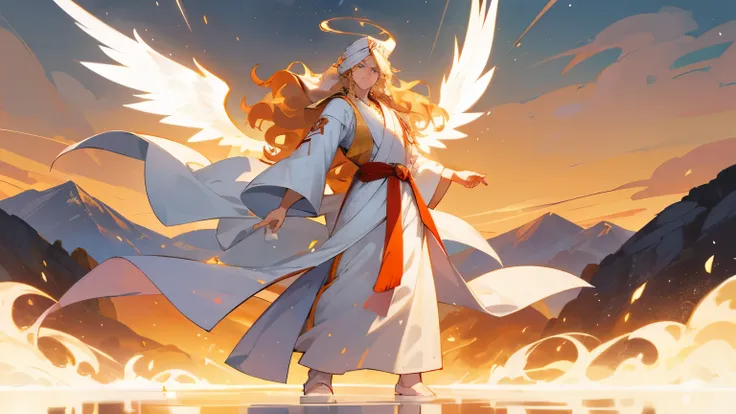 1male , Wavy Hair , Pale Blonde Hair , White Robes , Unique Martial Arts Clothing, Long Hair , Fiery Mountain Background , Standing On Path , Adult Male , Muscular , One Arm Clothing , Light Blue Eyes , White Turban , Angel Wings , Perfect Generation,