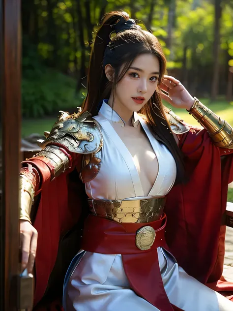 masterpiece，Best quality，HD quality，face close-up，A high resolution，8K，Ancient battlefield background, ((field：1.8))，(Female generals on the battlefield in the Han Dynasty)，18-year-old girl，（long ponytail hairstyle)，cparted lips，Full and erect breasts，Nobl...