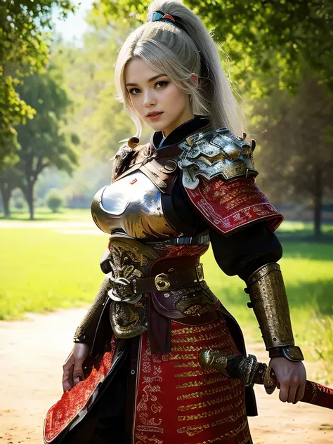 masterpiece，Best quality，HD quality，face close-up，A high resolution，8K，Ancient battlefield background, ((field：1.8))，(Female generals on the battlefield in the Han Dynasty)，18-year-old girl，（long ponytail hairstyle)，cparted lips，Full and erect breasts，Nobl...