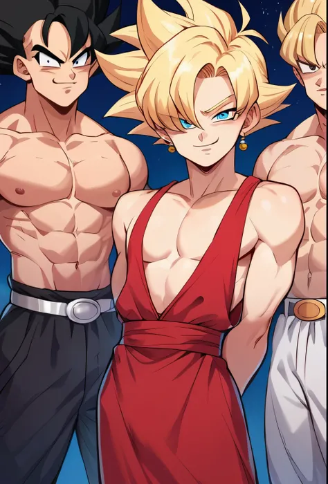 score_9, score_8_up, score_7_up, source_anime, 3boys, dragon ball, goku, smug sinister expression, 
Sinister, evil, looking at viewer, arms behind back, blonde hair, hair over one eye, blue eyes, Chines edress,  red gown,, sexy, flat chest, femboy, male, 1...