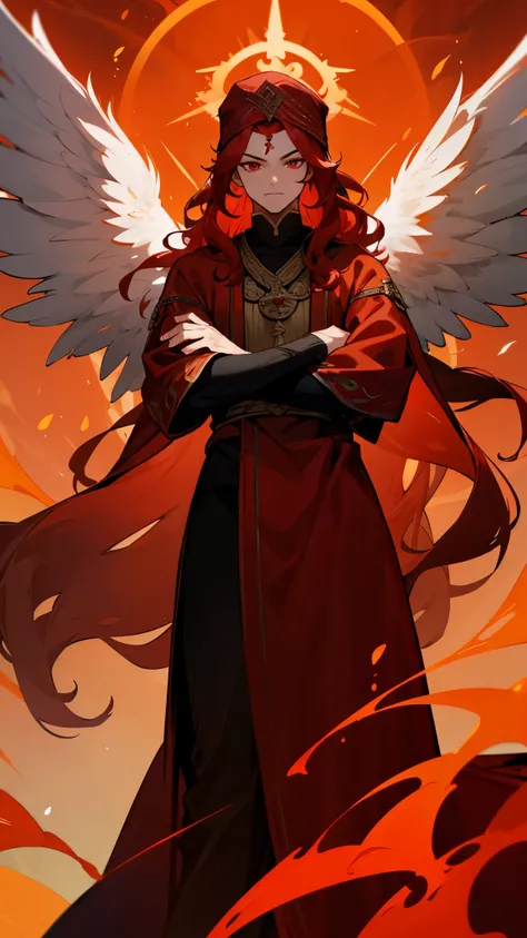 1male , Wavy Hair , Pale red Hair , red Robes , Unique Martial Arts Clothing, Long Hair , Fiery Mountain Background ,Adult Male , Muscular , light red Eyes , black Turban , Angel Wings , Perfect Generation, fire background, red wings, clear face, arms cros...