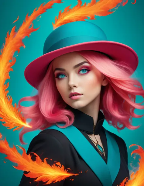 ((masterpiece,best quality)),(negative space:1.4),(1girl, solo:1.4),beautiful detailed eyes,floating pink hair, red hat, fireball, casting a fire spell, orange and red fractals background, looking to the side, teal eyes, fullbody, jumping