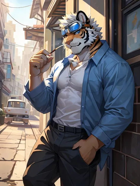 masterpiece, alone, Furry Siberian tiger, aldult, white fur, blue eyes, white short hair, muscular body, nice, Handsome, fiercely, casual shirt, casual pants, blue goggles, smokes, cool pose.