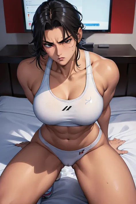 Emphasis on the crotch。Disdainful eyes and angry expressions (a female athlete，Wear a white sports bra，Kneel on the bed，Fluid leaks from vaginal crevices）。