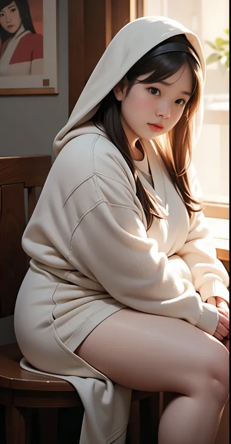 there is a woman sitting down with a longest brown hair, bbwchan, thicc, brown hijab outfit, brown hairstyle model, korean girl, korean woman, wearing brown robe, full length shot, alluring plus sized model, japanese goddess, clothed in hooded, voluptuous ...