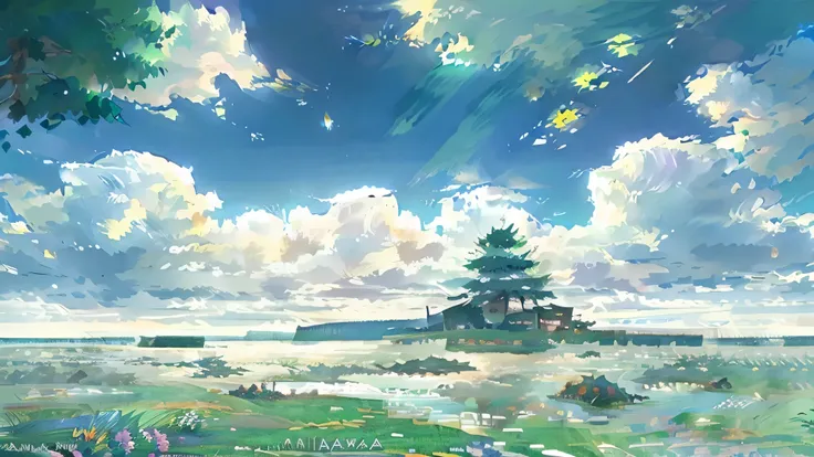 Studio Ghibli, Makoto Shinkai, anime countryside scenery，beautiful nature,　blue sky,　grassland