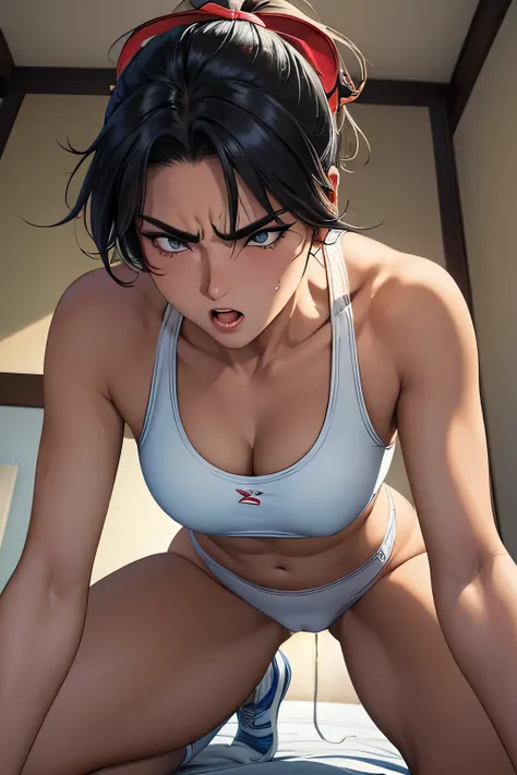 low angle shot，looking up from below，emphasis on the crotch。disdainful eyes and angry expressions (a female athlete，wear a white...