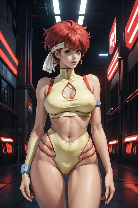 Very skinny Kei from The Dirty Pair, emaciated, wearing a tight yellow outfit, skinny frame, skinny legs, medium breast, red hair beauty, cyberpunk city background, holding retro space-gun, headband, slim waist, very slim thighs, very skinny thighs, very t...