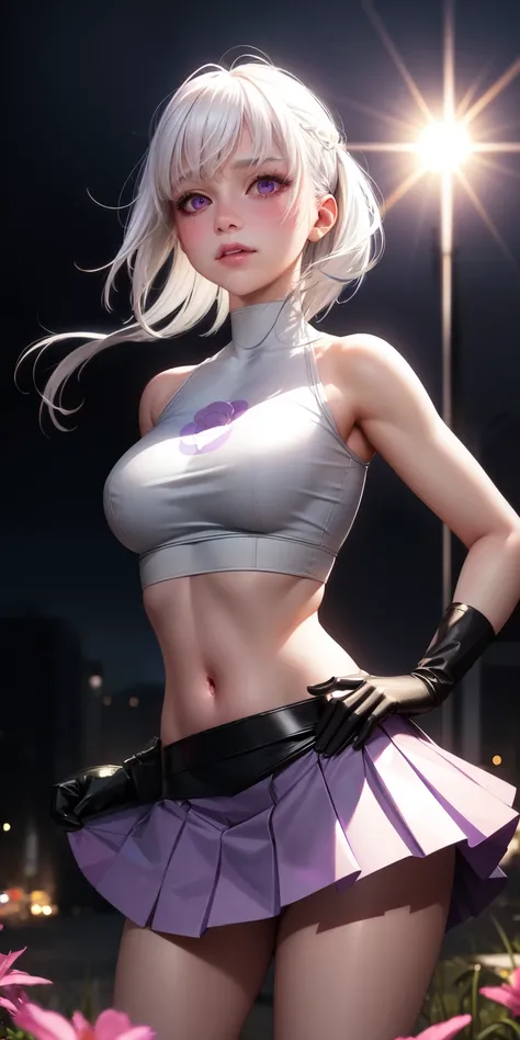 realistic, 1 girl, white hair, purple eyes, glowing eyes, crop top, skirt, Chapped lips, Blush, nighttime, flower, sun, sunlight, Show your genitals