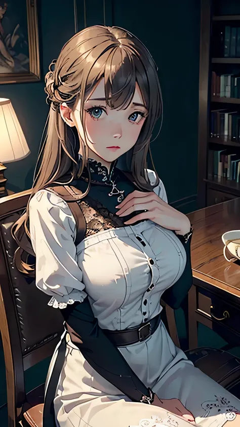 alone, 1 girl, masterpiece, highest quality, very detailed, cinematic lighting, intricate details, High resolution, official art, beautiful detailed face and eyes, High resolutionのイラスト, 8k, dark intense shadow, exposed, [blonde hair/brown hair], single edg...