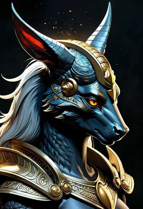 unfinished, hatching (texture)，There is a digital painting, this painting is of an animal with a golden head and horns, portrait of a dragoon, mysterious Anubis Valkyrie, ultra-detailed fantasy figure, cyborg dragon portrait, photo of sleipnir, ghost of An...