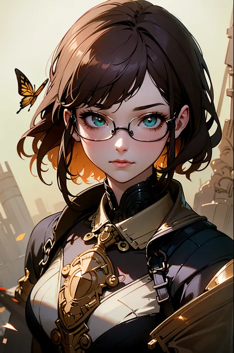 8k portrait of beautiful girl with brown hair, google glass on head, steampunk, intricate, elegant, highly detailed, majestic, digital photography, art by artgerm and ruan jia and greg rutkowski surreal painting gold butterfly filigree, broken glasasterpie...