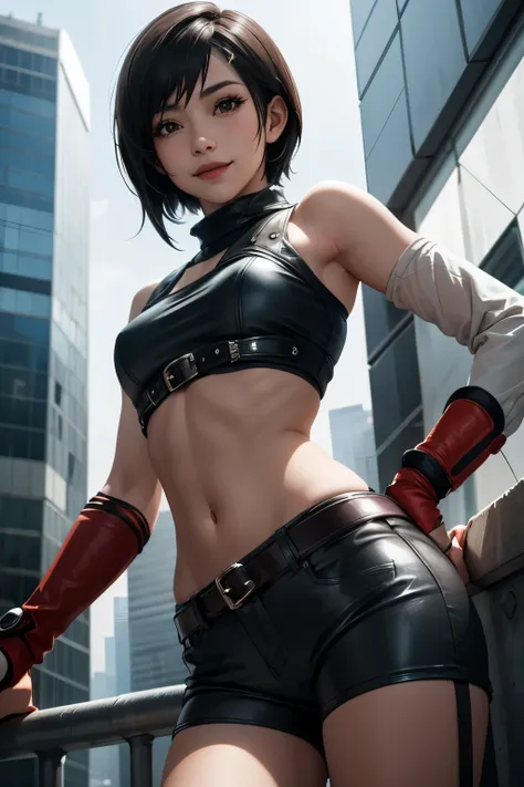 ff7 yuffie, looking at me, -like, high resolution, smiling, blushing, belly button exposed, black leather belt hot pants, skyscr...