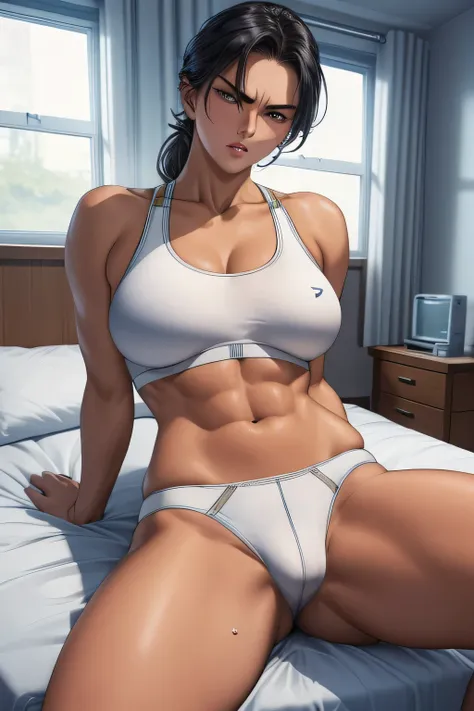 Emphasis on the crotch。Disdainful eyes and angry expressions (a female athlete，Wear a white sports bra，sitting on bed，Liquid leaks from crotch）。