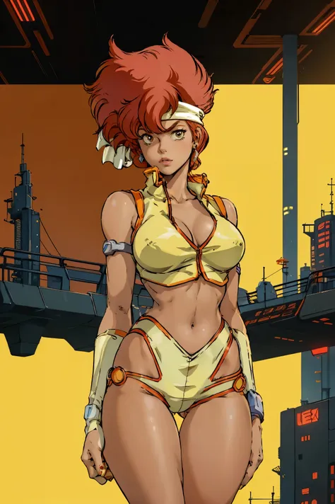 Kei from The Dirty Pair, , wearing a tight yellow outfit, frame, legs, medium breast, red hair beauty, cyberpunk city background, holding retro space-gun, headband, slim waist, slim thighs, thigh gap