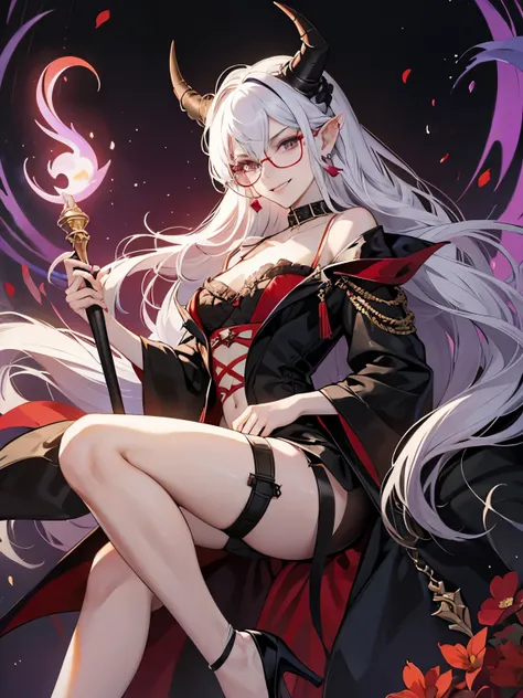 8k, masterpiece, best quality, 1girl, tiefling, warlock, multicolored hair, white hair, red hair, long hair, glasses, earrings, mole under eye, sexy, black and purple robe, miniskirt, garter belt, high heels, navel, white shirt, collar bone, holding staff,...