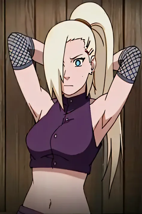 ino yamanaka, ino shippuden, armpits, showing armpits, arms behind head, posing, hair over one eye, high ponytail, blue eyes, masterpiece, solo, 1girl, sleeveless, purple crop top, fishnets, bare shoulders, upper body, looking_at_viewer, sniffing own armpi...
