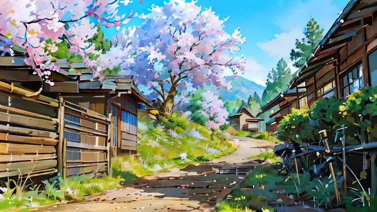 landscape, anime, traditional japanese house with surrounding nature, digital art, rural area with a house, cherry blossoms, a s...