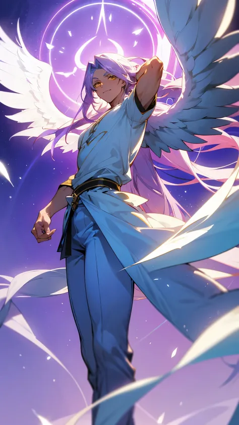 1male, Young Adult, Yellow Eyes, White Hair, Purple Highlighted Hair, Long Flowing Hair, blue pants, white T-Shirt, Masculine, Beautiful Lighting, Radiant, Angel Wings, flying, arms crossed, muscular, standing in middle, facing foward