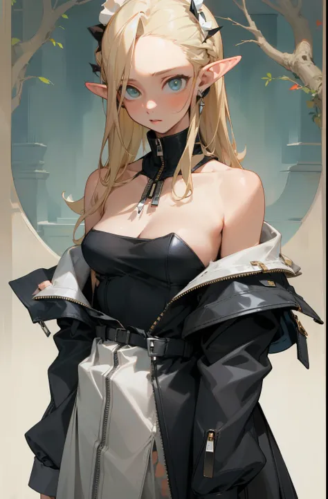 (masterpiece, best quality) detailed,  silver accessories , zipper unzipped , blond ,elegant,  pointed ears ，torn clothes，maid，Holes in the top，Off the shoulders