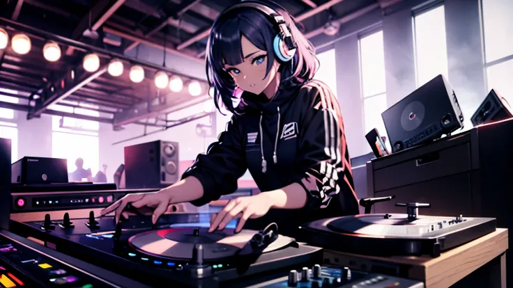 arafed woman in a kitchen with a DJ deck and a drink, DJ set, Looks like a mix of grime, Similar to grime mix, lofi girl, DJing with DJ turntables, turntablism DJ scratching, DJ sura, Anna Nikonova、Also known as New Milky, DJ, Looks like a mix of grime, pl...