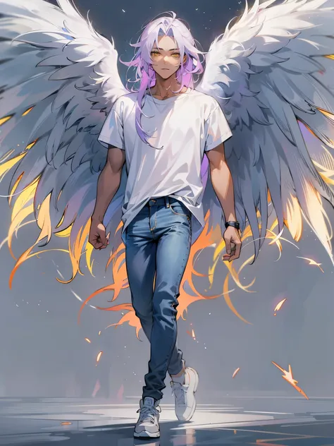 1male, Young Adult, Yellow Eyes, White Hair, Purple Highlighted Hair, Long Flowing Hair, Jeans, T-Shirt, Masculine, Beautiful Lighting, Radiant, Angel Wings, Flying