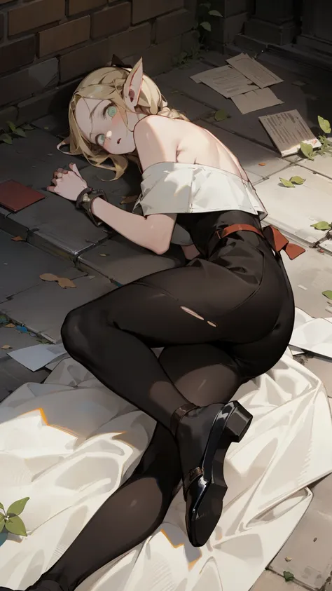 (masterpiece, best quality) detailed, Wearing black tights, silver accessories , Off the shoulders， blonde ,elegant, pointed ears，torn clothes，Pierced clothes，maid，lie on the ground