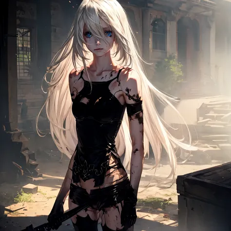 beautiful girl. yorha a2. long white hair. blue eyes. wearing a black top and shorts. his clothes are worn and abused. she is di...