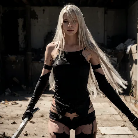 beautiful girl. yorha a2. long white hair. blue eyes. wearing a black top and shorts. his clothes are worn and abused. she is di...