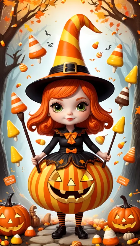 CuteCartoonAF, Cute Cartoon, masterpiece in maximum 16K resolution, superb quality, (a big sticker) on the modern fridge, designed as a whimsical Candy Corn Witch dressed in an outfit with candy corn and a holding a magical staff, surrounded with miniature...