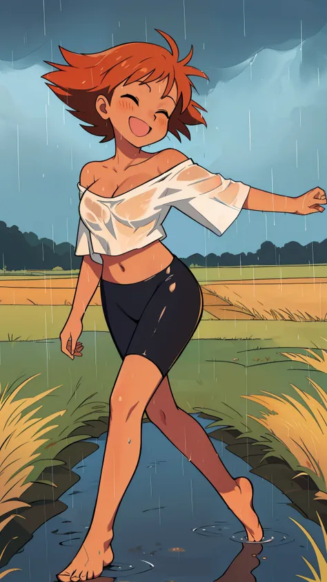 Edward, (((dancing))) in the rain, (((barefoot))) raining hard, full body, feet in puddle,  hands in the air, looking up at the sky, eyes closed, (((field background))) smiling, wet clothes, wet hair, clothing clinging to skin, midriff,orange hair,white sh...