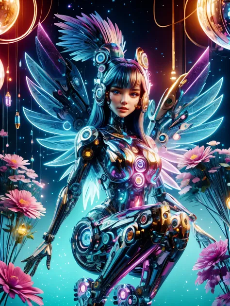 1 cute girl，Its body is made of fine metal parts。Eyes are like two sparkling gems，Transparent glow，Under the illumination of neon lights，Create sparkling effects with high-precision mechanical components。Surrounded by exotic plants and Easter eggs，Create a...