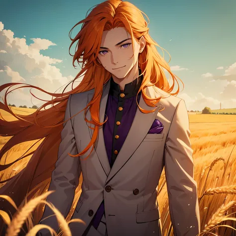 A handsome boy, long flowing hair, in wheat field, a flower in his orange hair, gentle smile, purple eyes, portrait, enchanting, smiling, dark green suit