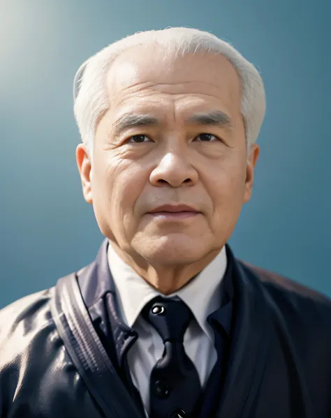 Highly realistic photo, ((masterpiece), (best quality), (raw photo), (photorealistic:1.4), Portrait of Vietnamese old man, 80 years old, ((white hair, tall bald)), ((wearing a dark blue jacket, whith white shirt)), ((light blue background)), photo taken by...