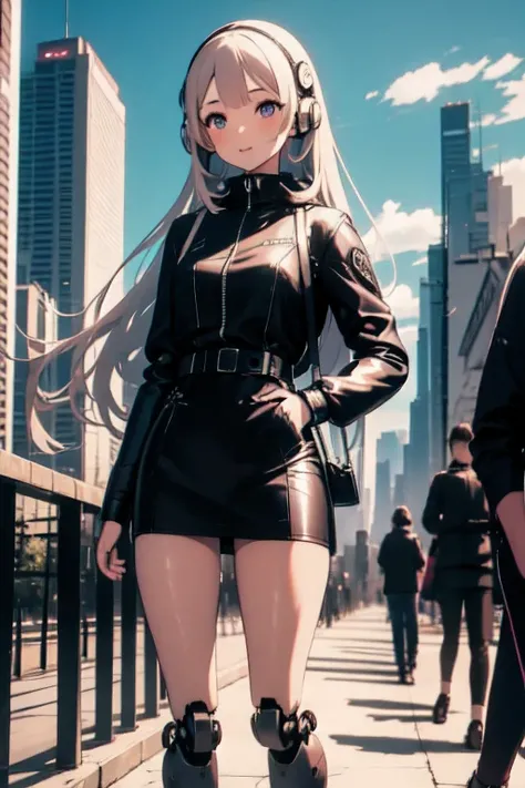 1 long-haired robot girl , High-tech city backdrop