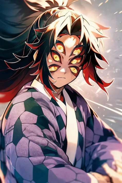 Tamanosuke Neguchi, a 34-year-old anime warrior from the Edo period, boasts long black hair that falls in narrow waves beside his narrow eyes and eyebrows. His oval face is etched with determination and pain, as a bloody gash on his head attests to his rec...