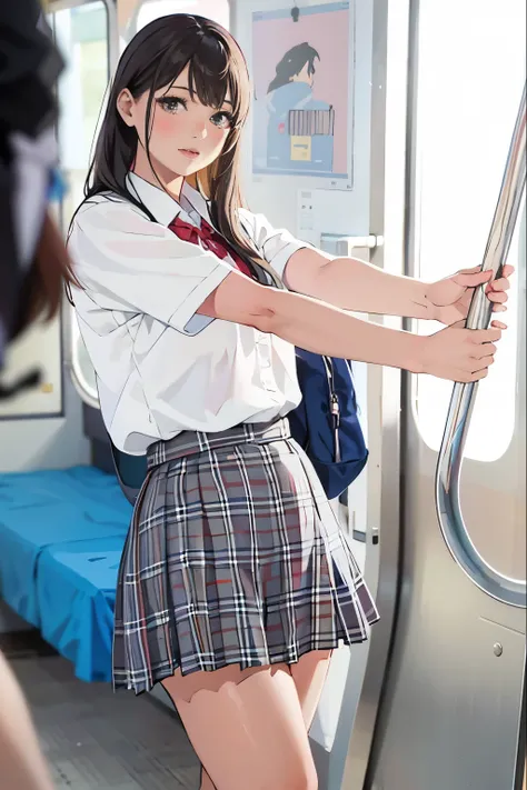 arab asian woman in skirt and shirt on subway, 超realistic女子高生, cute high school girl, japanese school uniformを着て, japanese girl ...