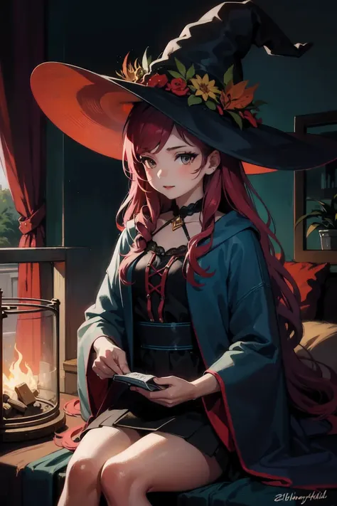 1 beautiful girl with long red hair , witch