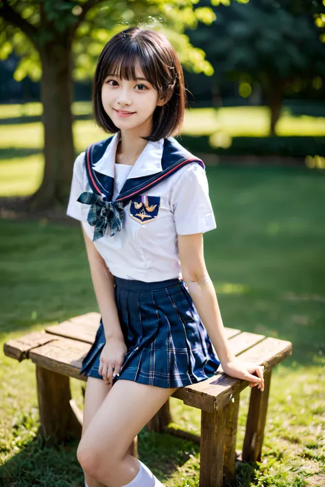 (masterpiece, best quality:1.2), 1 girl,  18 years old, (idol style super cute face:1.２), (sit on a bench)  , small breasts, (wh...