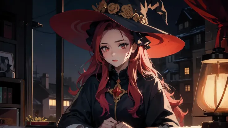 1 beautiful girl with long red hair , witch