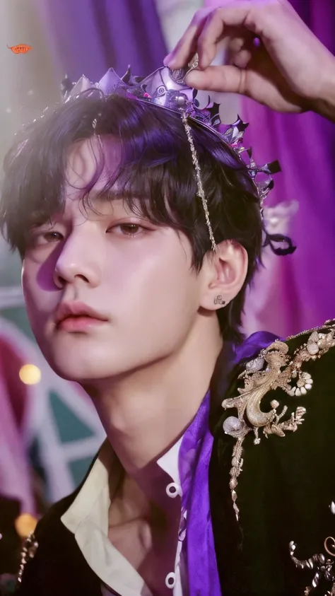 Araaf&#39;s image of a man wearing a crown on his head, black hair yoongi, Jungkook, Hyungtae, Cai Su Kun, Hong Jun Hyung, Jinyoung Shin, Taejoon Kim, Won Bin Lee, JiminGreek nose, Portrait of jossi of blackpink, JiminSwollen right eyelid, beautiful androg...