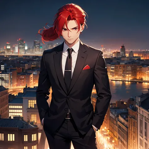 Man, hair back, red hair, ((hair tied)) red eyes, formal clothes, city in background