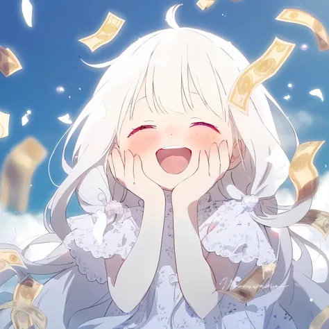 anime girl with white hair and blue eyes smiling in front of money, splash ink art anime loli, anime visuals of a cute girl, whi...